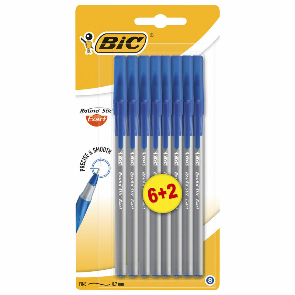 Ручки шариковые с грипом BIC "Round Stic Exact", набор 6+2 шт., синие, линия письма 0,28 мм, блистер, 932862, 143980