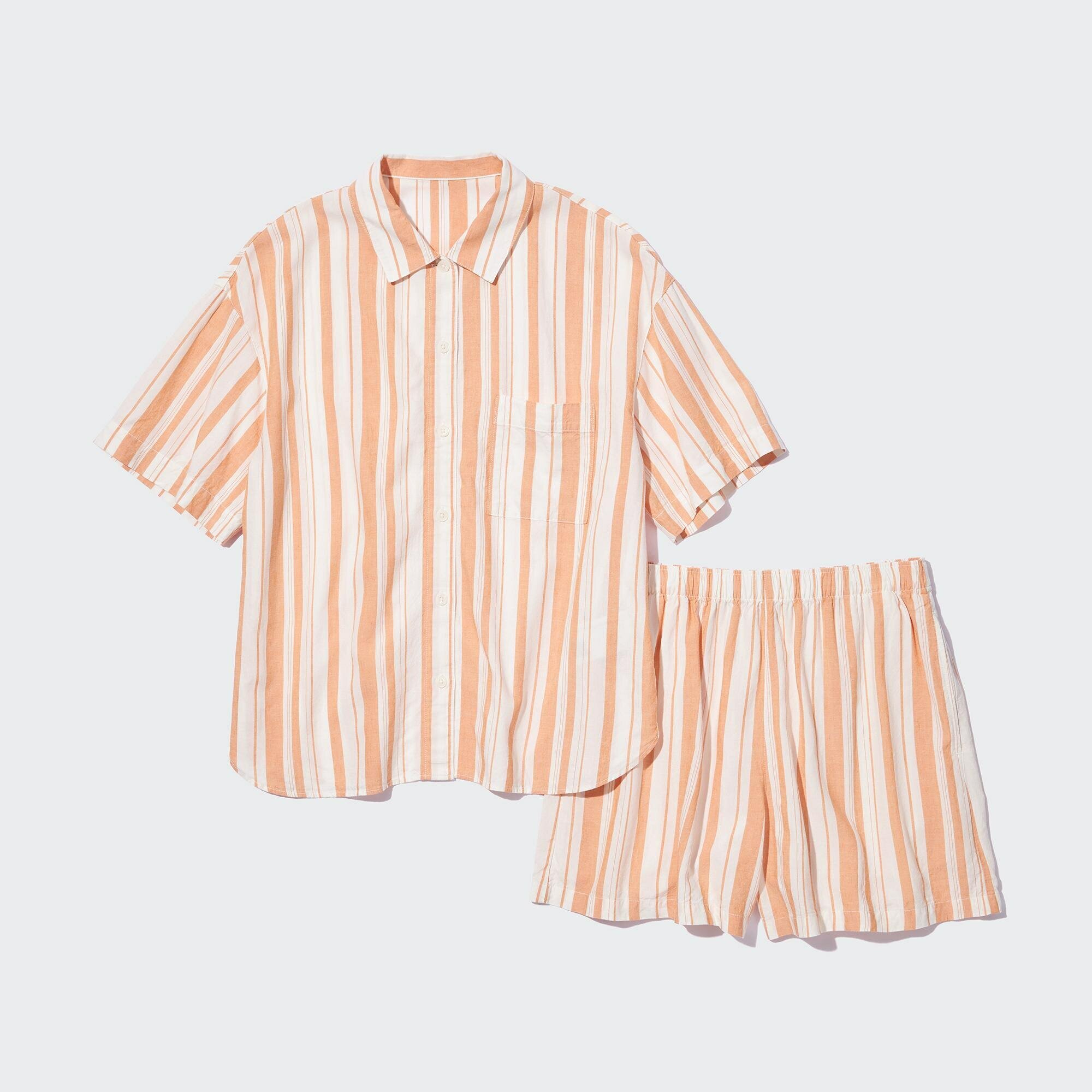 Полосатый комплект из смеси льна с короткими рукавами и шортами, оранжевый, XS - фотография № 6