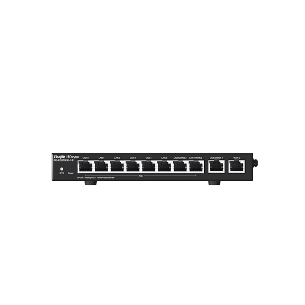 Ruijie Маршрутизатор Reyee Desktop 10-port full gigabit router, providing one WAN port, six LAN ports, and three LAN/WAN ports; supporting eight PoE/PoE+ interfaces and maximum 110 W PoE power; recommended concurrency of