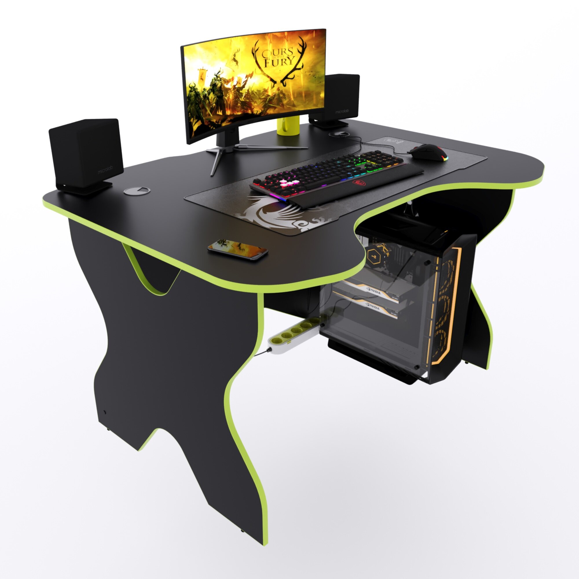 Иксообразный компьютерный стол "Х", чёрный с зелёной кромкой, 140x90x73 см - фотография № 3