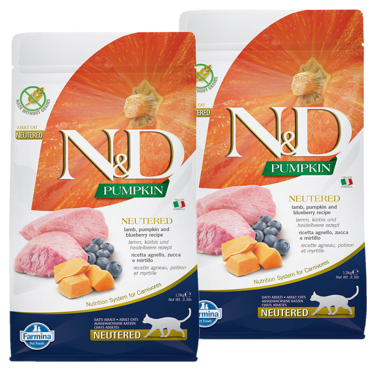 FARMINA CAT N&D GRAIN FREE PUMPKIN NEUTERED LAMB & BLUEBERRY для кастрированных котов и стерилизованных кошек с ягненком, черникой и тыквой(0,3+0,3кг)