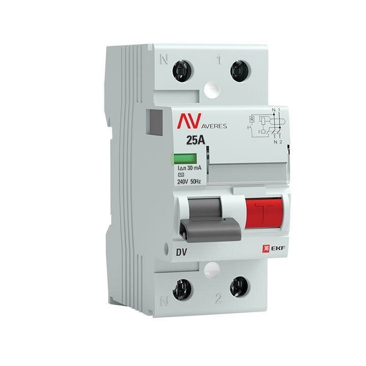Выключатель дифференциального тока (УЗО) 2п 25А 30мА тип AC DV AVERES | код.rccb-2-25-30-ac-av | EKF (4шт.в упак.)