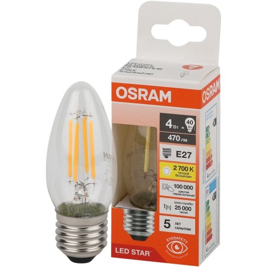 Светодиодная лампа Ledvance-osram Osram LED STAR CL B40 4W/827 220-240V FIL CL E27 470lm