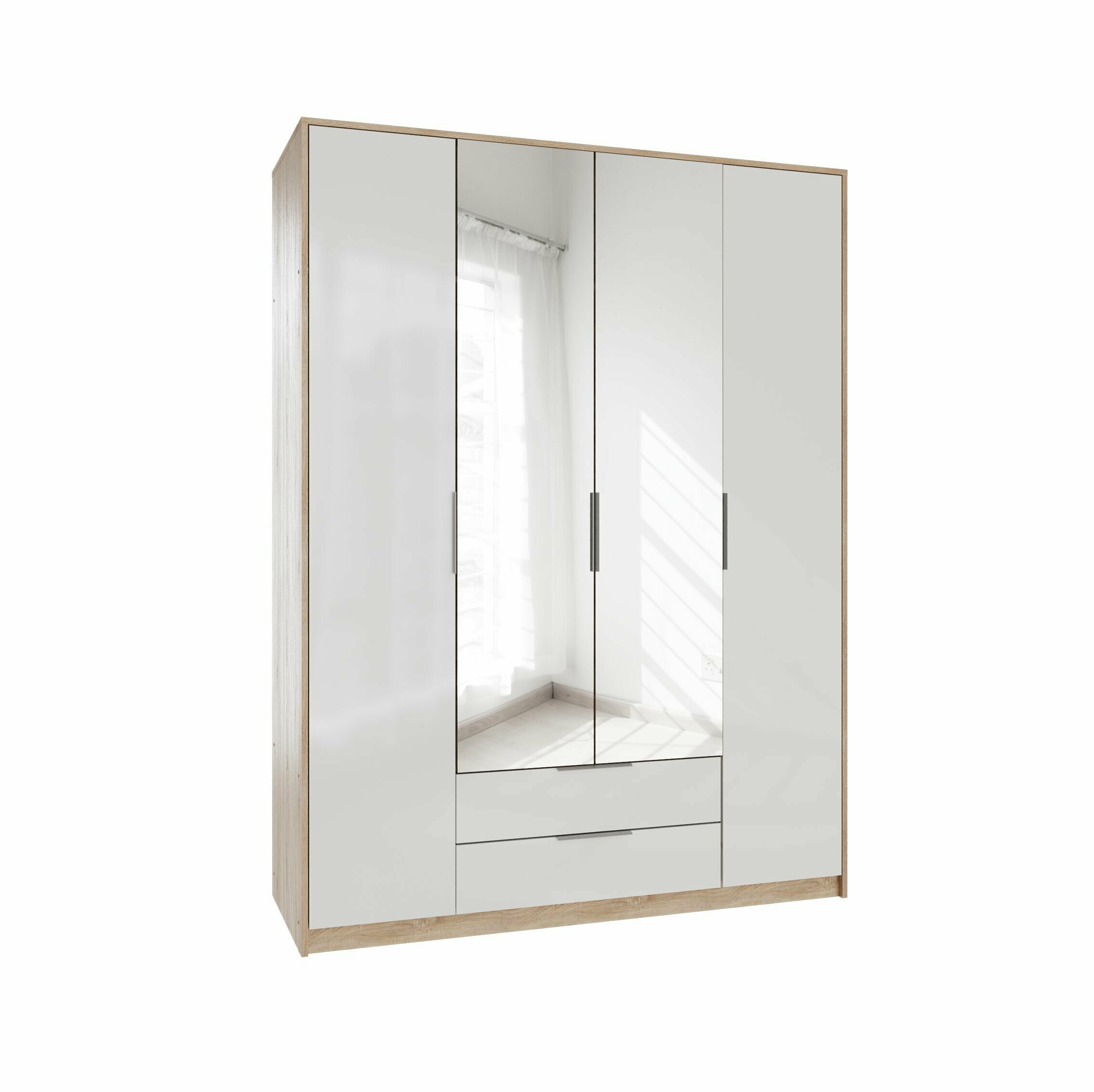 Шкаф 4-х створчатый с зеркалом Норд дуб сонома светлый/белая аляска - фотография № 1