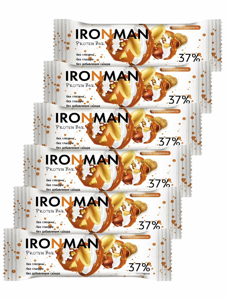 Ironman 37% Protein bar без сахара (Арахис-карамель) 6х50г / Протеиновый батончик для похудения и набора мышечной массы женщин и мужчин