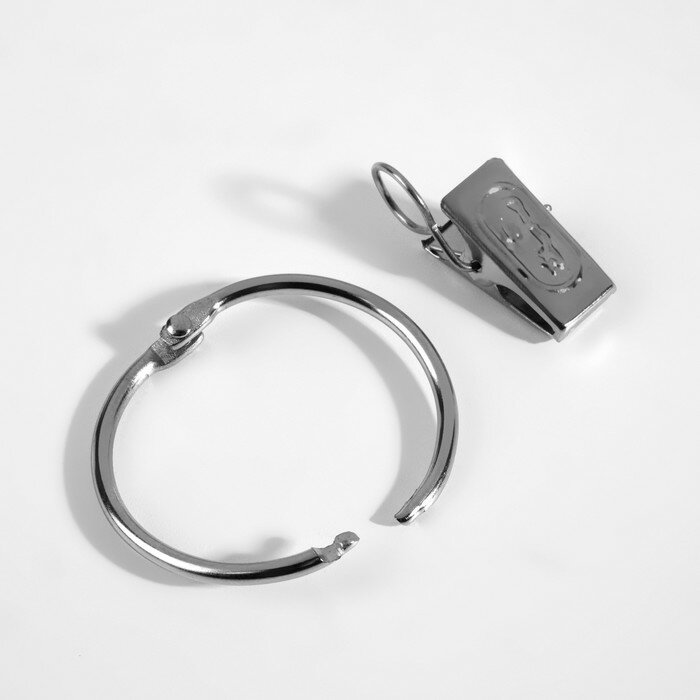 Набор для штор, кольцо разъёмное, d = 36/41 мм, 10 шт, зажим, 33 × 11 мм, 10 шт, цвет серебряный - фотография № 1