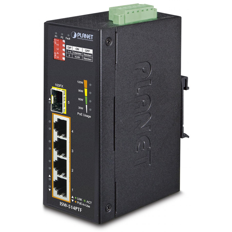 ISW-514PTF индустриальный PoE коммутатор для монтажа в DIN-рейку/ IP30 4-Port/TP + 1-Port Fiber(SFP) POE Industrial Fast Et