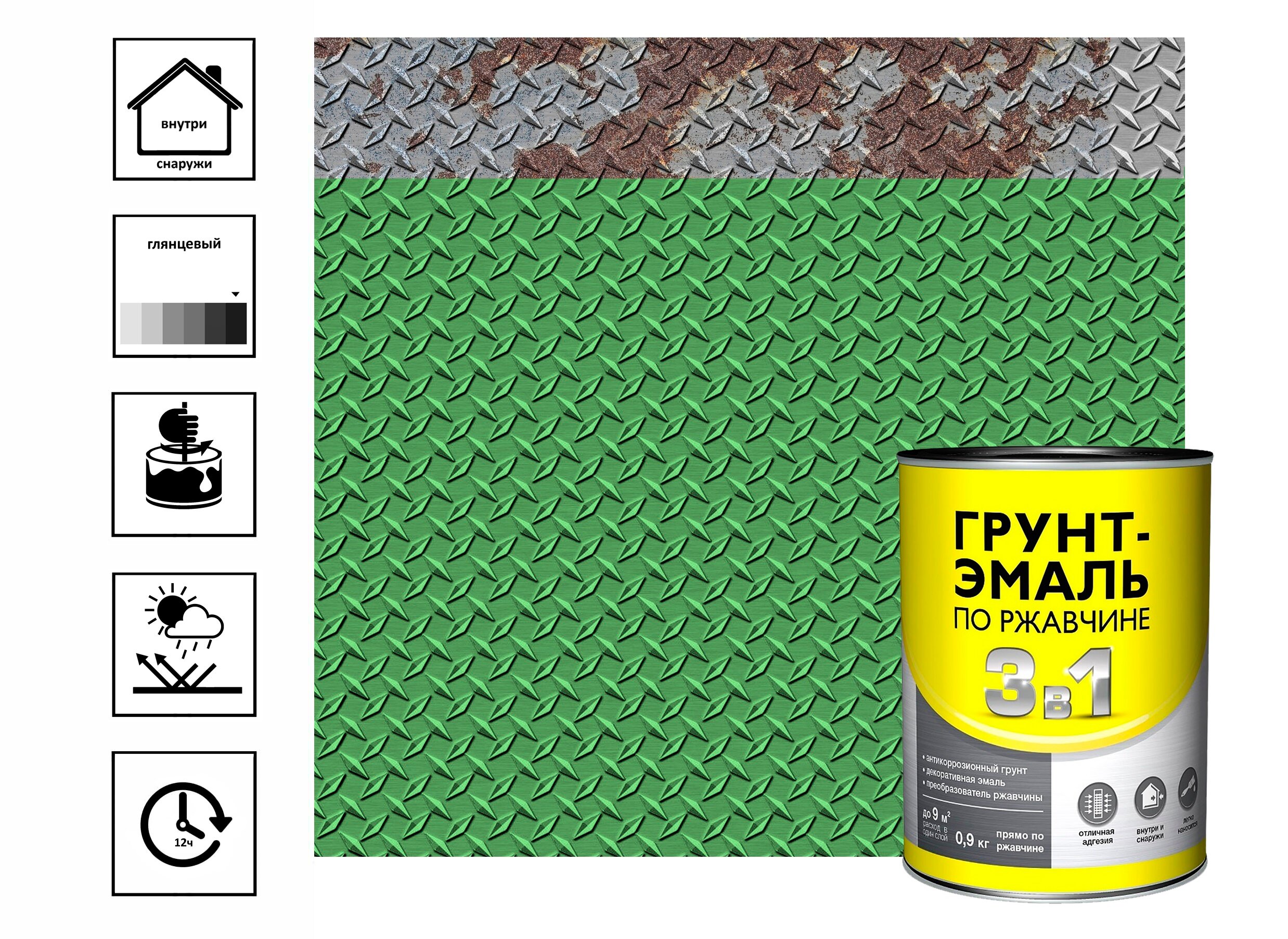 Грунт-эмаль по ржавчине 3 в 1 зелёный 09 кг