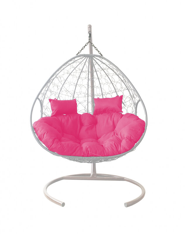 Подвесное кресло кокон двухместное M-GROUP для двоих с ротангом белое+розовая подушка