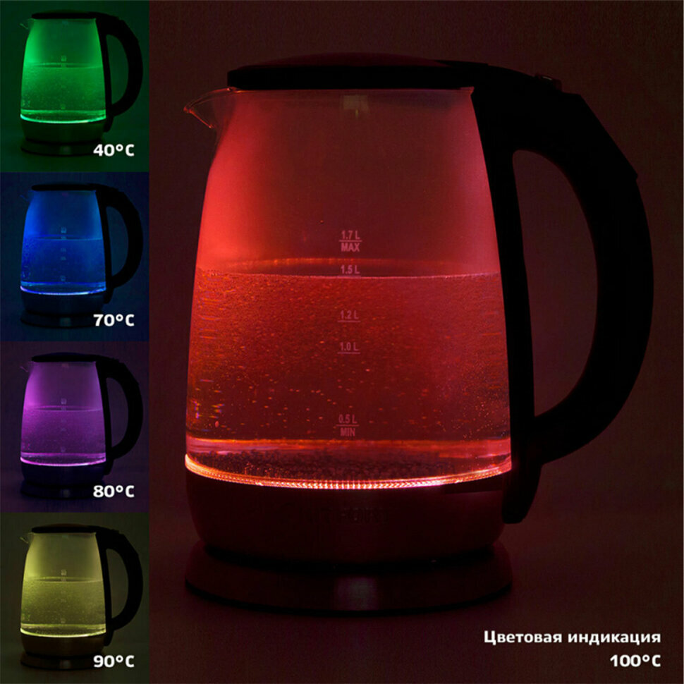 Чайник KITFORT КТ-628, 1,7 л, 2200 Вт, закрытый нагревательный элемент, терморегулятор, стекло, серебристый, 456010 - фотография № 5