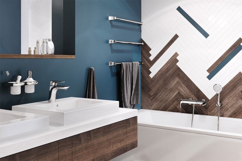 Настенный смеситель Kludi Ameo, арт. 416710575, неповоротный излив, с выходом на душ (без лейки), с боковым рычагом и автоматическим переключателем ванна/душ