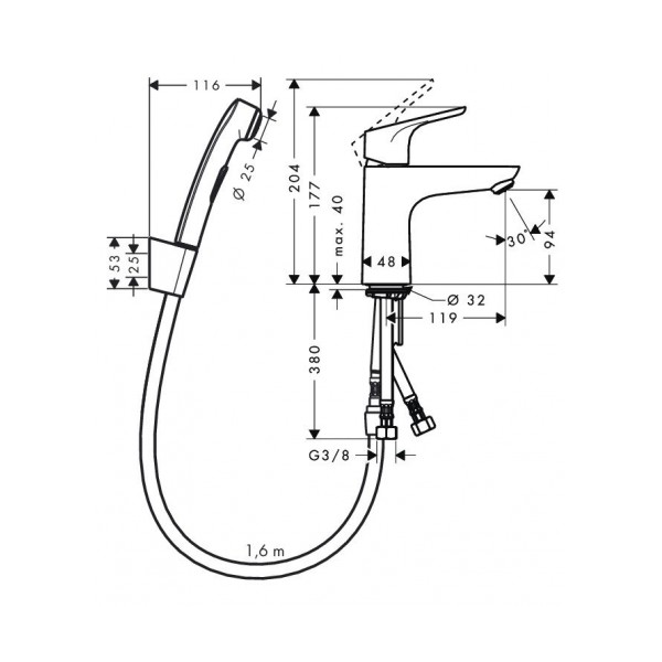 Гигиенический душ со смесителем на раковину Hansgrohe Focus, арт. 31927000, со сливным клапаном push-open