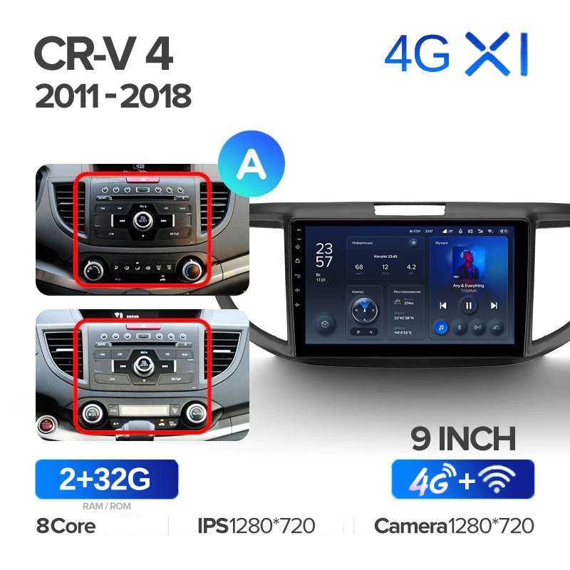 Штатная магнитола Teyes X1 Wi-Fi + 4G Honda CR-V 4 RM RE 2011-2018 (9 / 10 дюймов)