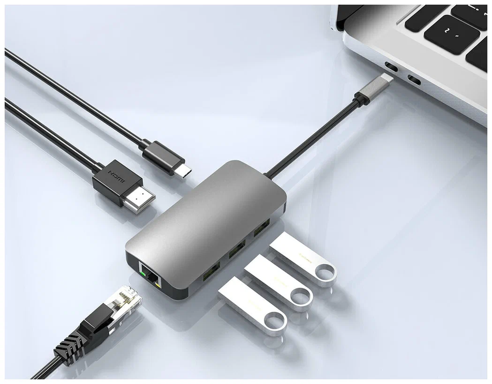 USB Type-C HUB ELfoC LM3123-35-6 Хаб 6 в 1 разветвитель концентратор HDMI (4K30Hz) + USB30x3 + PD100W USB C + RJ45 Task Force (1000Mb)