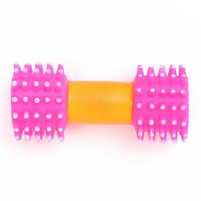 Игрушка для собак пищащая "Массажная гантель", 14 см, розовая/жёлтая - фотография № 2