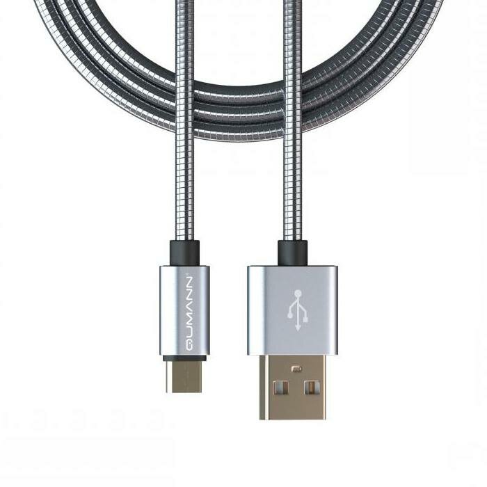 Кабель зарядки и синхронизации данных Qumann micro USB 1м 2,4А металл. корд серебро 20101