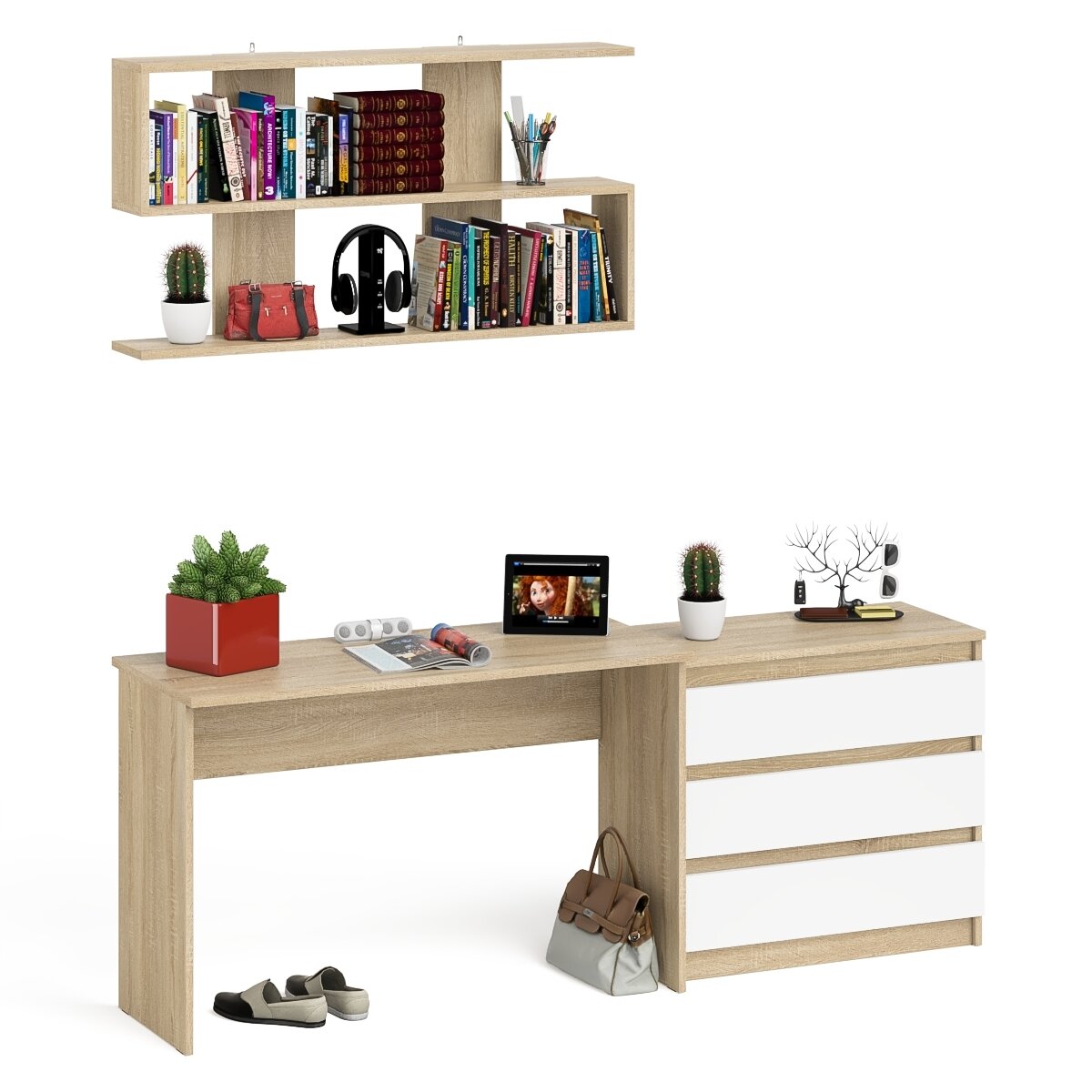 фото Стол письменный Мори МСП1200.1 + Комод МК800.1 + Полка 1200, цвет дуб сонома/белый