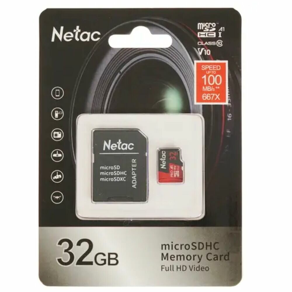 Карта памяти Micro SecureDigital 32Gb Netac SDXC class 10 (NT02P500PRO-032G-R) + SD adapter