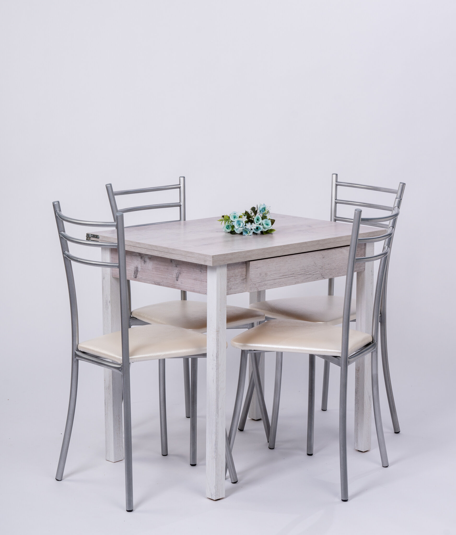 Обеденная группа с 4 стульями, стол с ящиком 80х120 Финдус, стулья Хоко жемчужный - фотография № 1