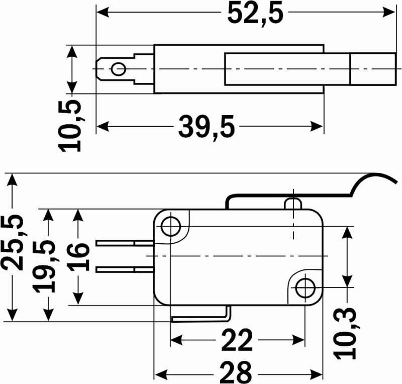 2! Выключатель 3-х контактный V-154-1C25 с длинным рычагом и роликом концевой/OFF-(ON) 15A 250VAC/Микропереключатель