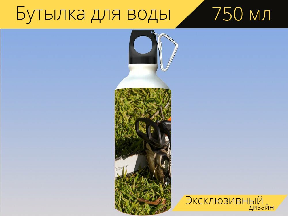 Бутылка фляга для воды "Бензопила, пила, орудие труда" 750 мл. с карабином и принтом