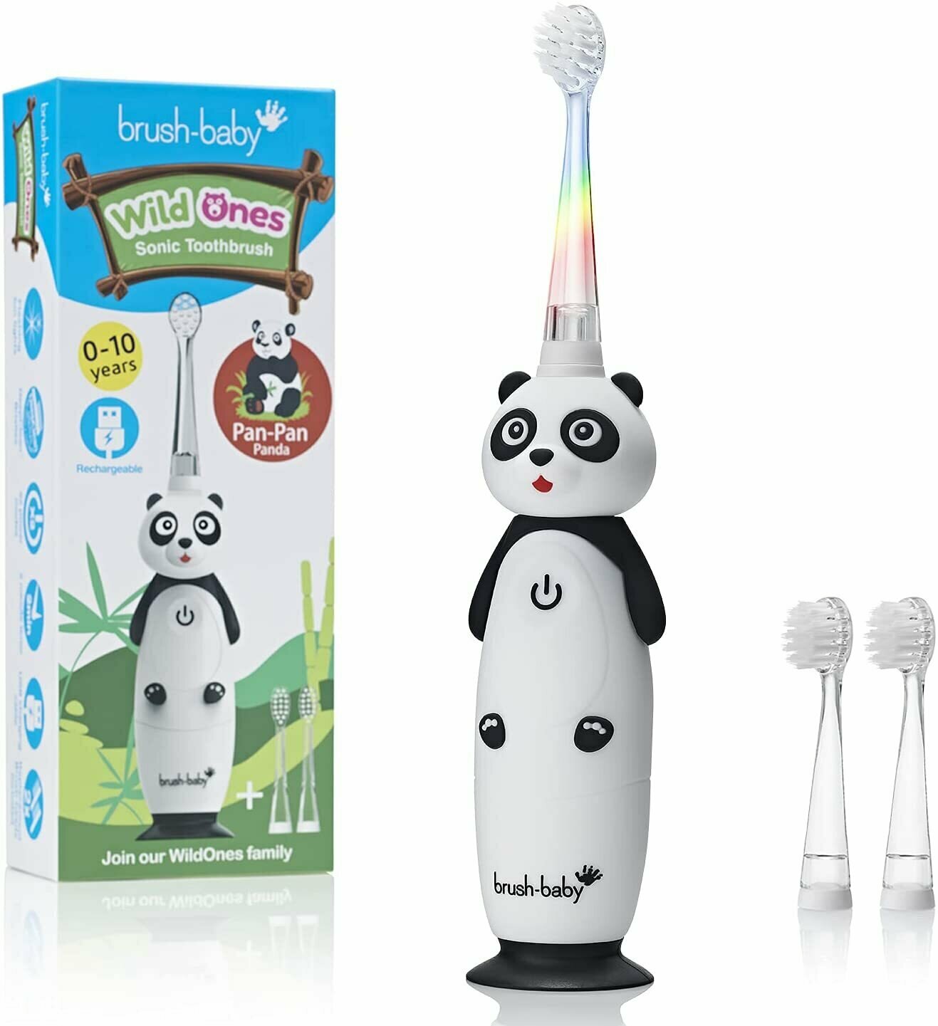 Brush-Baby WildOnes Детская электрическая аккумуляторная зубная щетка Panda, 1 ручка, 3 насадки-щетки, USB-кабель для зарядки, для детей 0-10 лет (Panda)
