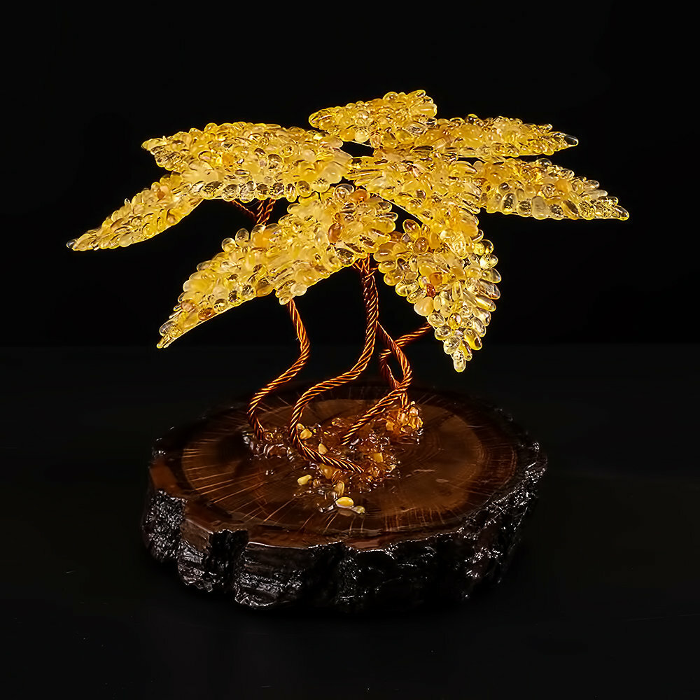 Сувенирное денежное дерево с листьями из натурального лимонного янтаря - фотография № 3