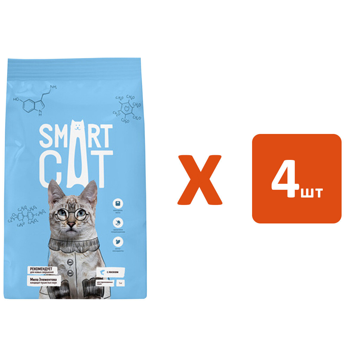 SMART CAT для взрослых кастрированных котов и стерилизованных кошек с лососем (1,4 кг х 4 шт)