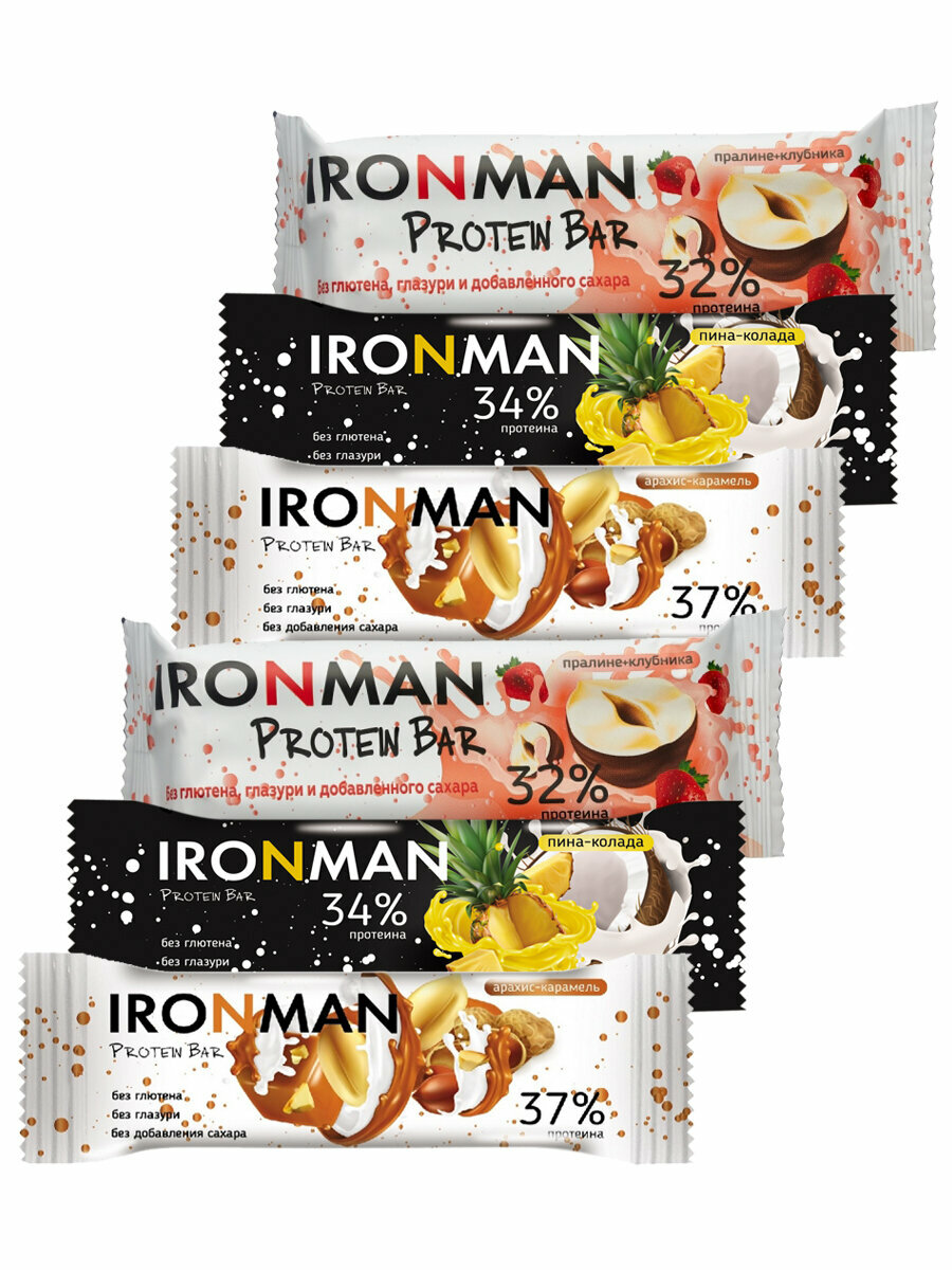 Ironman 32-37% Protein bar без сахара, Ассорти 6х50г (Арахис, Клубника, Пина-Колада) Протеиновый батончик для похудения и набора мышечной массы