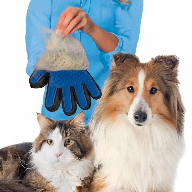 Перчатка для вычесывания домашних животных со специальным покрытием, синяя - фотография № 4