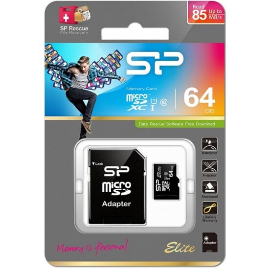 Флеш карта microSDXC 64Gb Class10 Silicon Power SP064GBSTXBU1V10SP + adapter