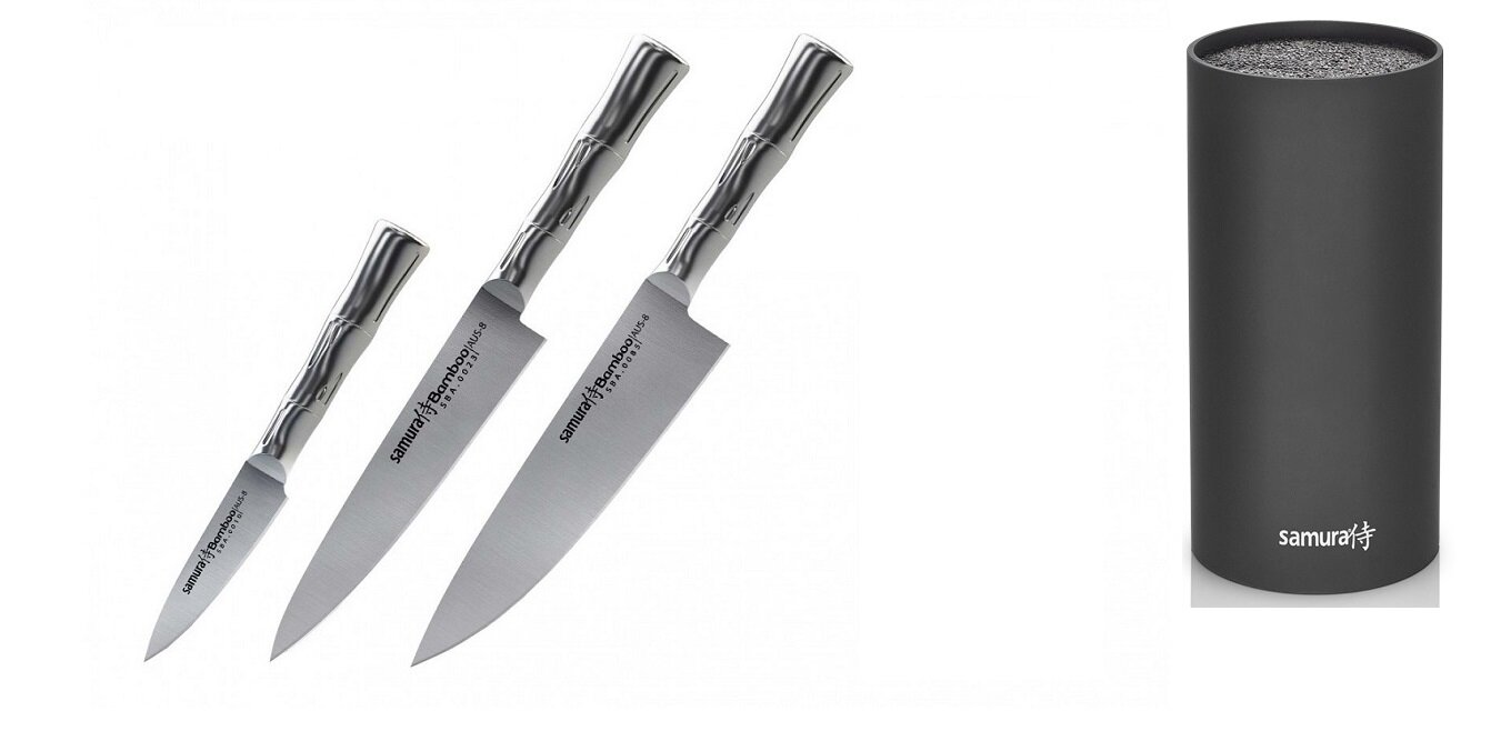 SBA-0220КРЧП набор из 3-Х кухонных ножей SAMURA BAMBOO овощной, универсальный 150 мм, шеф и подставка из пластика - фотография № 1