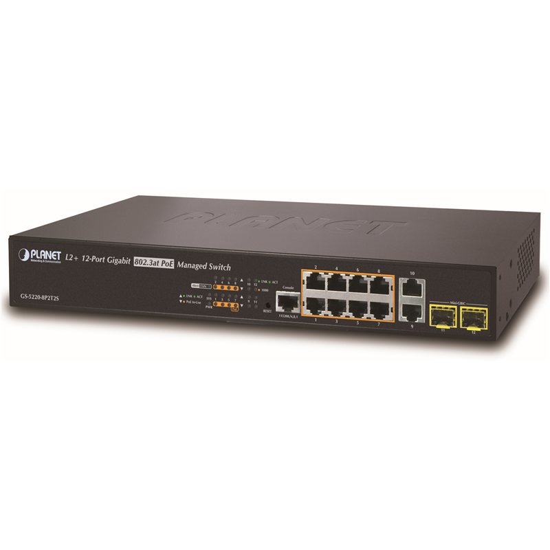 коммутатор/ PLANET IPv4/IPv6 L2+/L4 Managed 8-Port 802.3at High Power PoE Gigabit Ethernet Switch + 2-Port 100/1000SFP + 2-Port