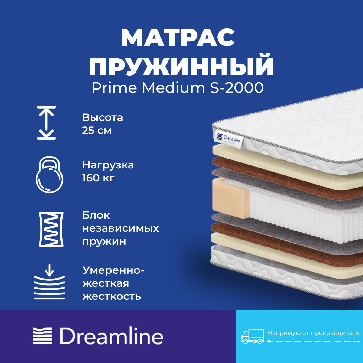 Матрас Дримлайн Prime Medium S-2000 165х190х25