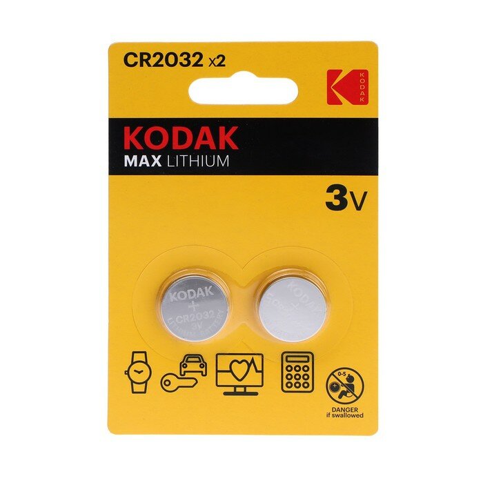 Батарейка литиевая Kodak, CR2032-2BL, 3В, блистер, 2 шт. - фотография № 1