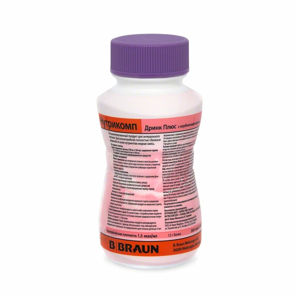 Нутрикомп Дринк Плюс, клубничный, в пластиковой бутылке - жидкая смесь для энтерального питания, 200 мл (24 шт.)
