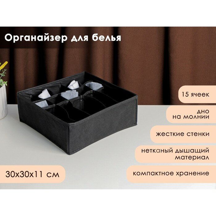 Органайзер для белья «Смарт», 15 отделений, 30×30×11 см, цвет черный - фотография № 1