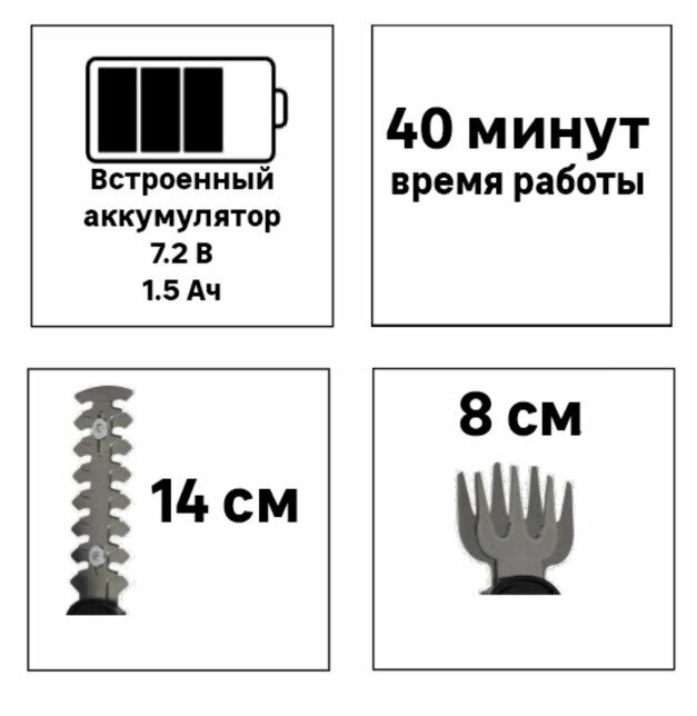 Кусторез аккумуляторный 8 В,1.5 Aч батарея Li-Ion (литий-ионный), 2 лезвия - фотография № 4