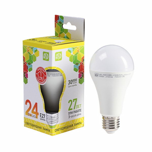 Лампа светодиодная LED-A60-standard, Е27, 24 Вт, 230 В, 3000 К, 2160 Лм