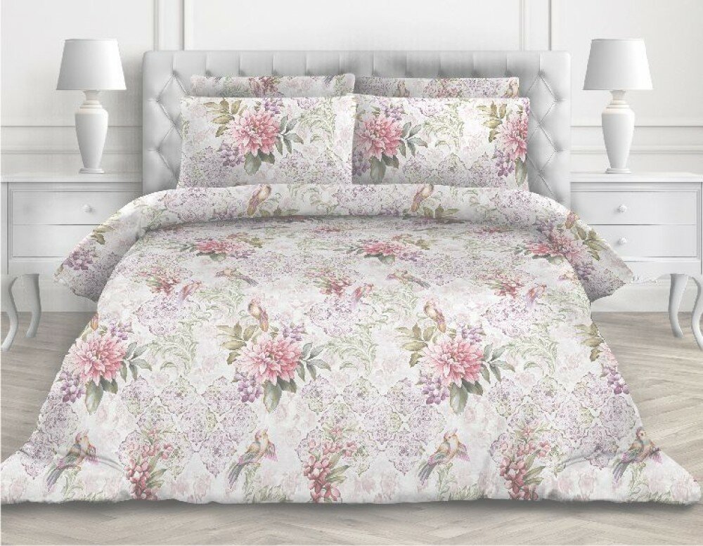 1.5 спальное постельное белье из поплина белое с цветами
