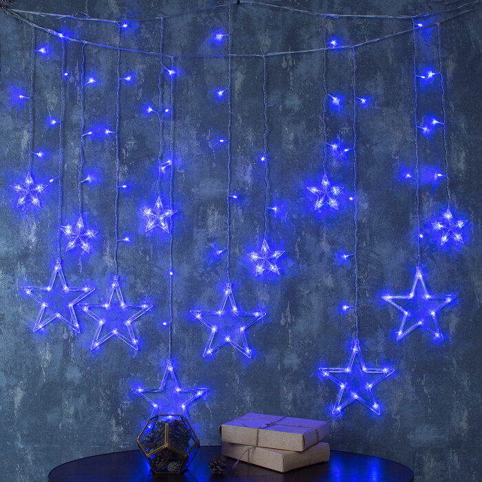 Гирлянда «Бахрома» 2.4 × 0.9 м с насадками «Звёзды», IP20, прозрачная нить, 138 LED, свечение синее, 8 режимов, 220 В - фотография № 1