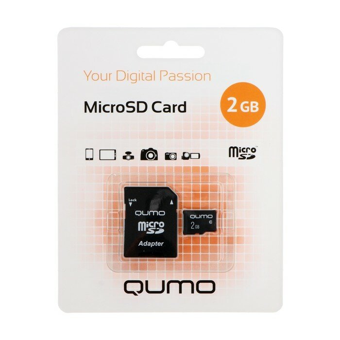 Карты памяти Qumo Карта памяти QUMO MicroSD, 2 Гб, SDHC, класс 4, с адаптером SD