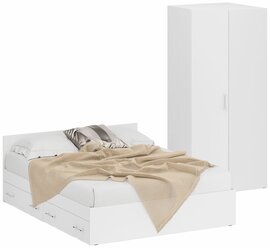 Кровать белая двуспальная с ящиками 1600 с угловым шкафом Стандарт, цвет белый, спальное место 1600х2000 мм., без матраса, основание есть