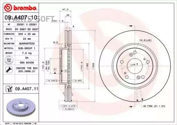 BREMBO 09A40710 09.A407.10_диск тормозной перний!\ Honda CR-V 2.0/2.4i/2.2CTDi 05-06