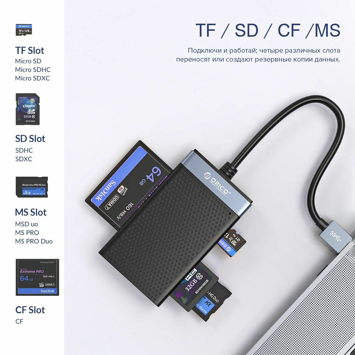 Картридер TF/SD/CF/MS USB-C 30 ORICO черный (ORICO-CL4T-C3-BK-BP)