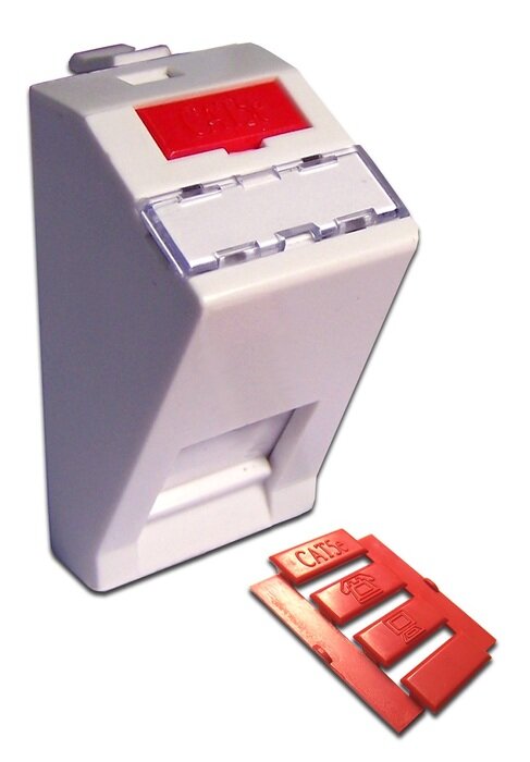 фото Вставка 22.5х45 на 1 кейстоун, угловая, со шторкой, маркировкой, иконками, белая, LANMASTER LAN-SIP-22A-WH