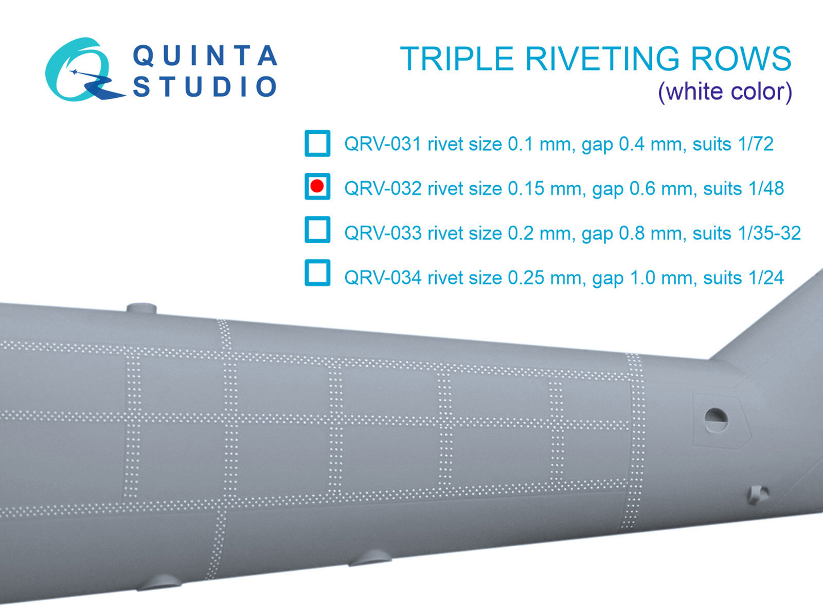 QRV-032 Тройные клепочные ряды (размер клепки 0.15 mm интервал 0.6 mm масштаб 1/48) белыеобщая длина 4.4
