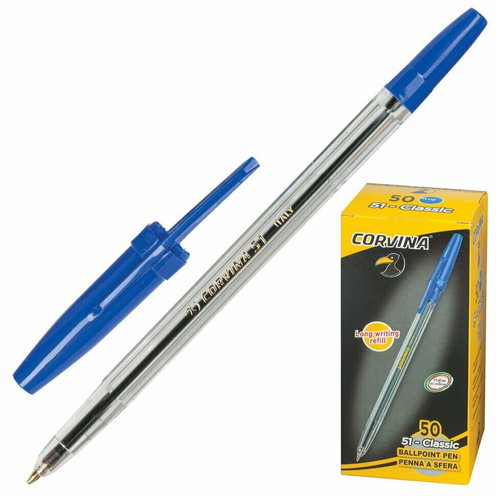 Ручка шариковая CORVINA (Италия) "51 Classic", синяя, корпус прозрачный, узел 1 мм, линия письма 0,7 мм, 40163/02, 140300