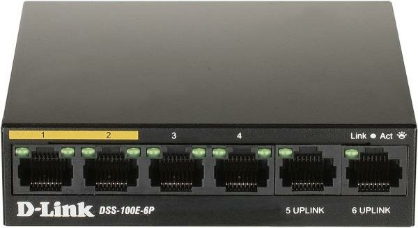 D-Link DSS-100E-6P A1A Неуправляемый коммутатор с 6 портами 10 100Base-TX 4 порта PoE 802.3af at PoE-бюджет 55 Вт дальность до 250 м