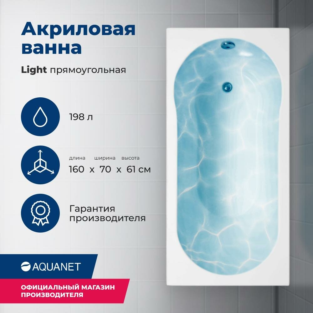 Ванна акриловая AQUANET Light 1600мм х 700мм, с каркасом - фото №1